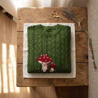 Cotton Sweater Green With Mushroom Cable Knit Design