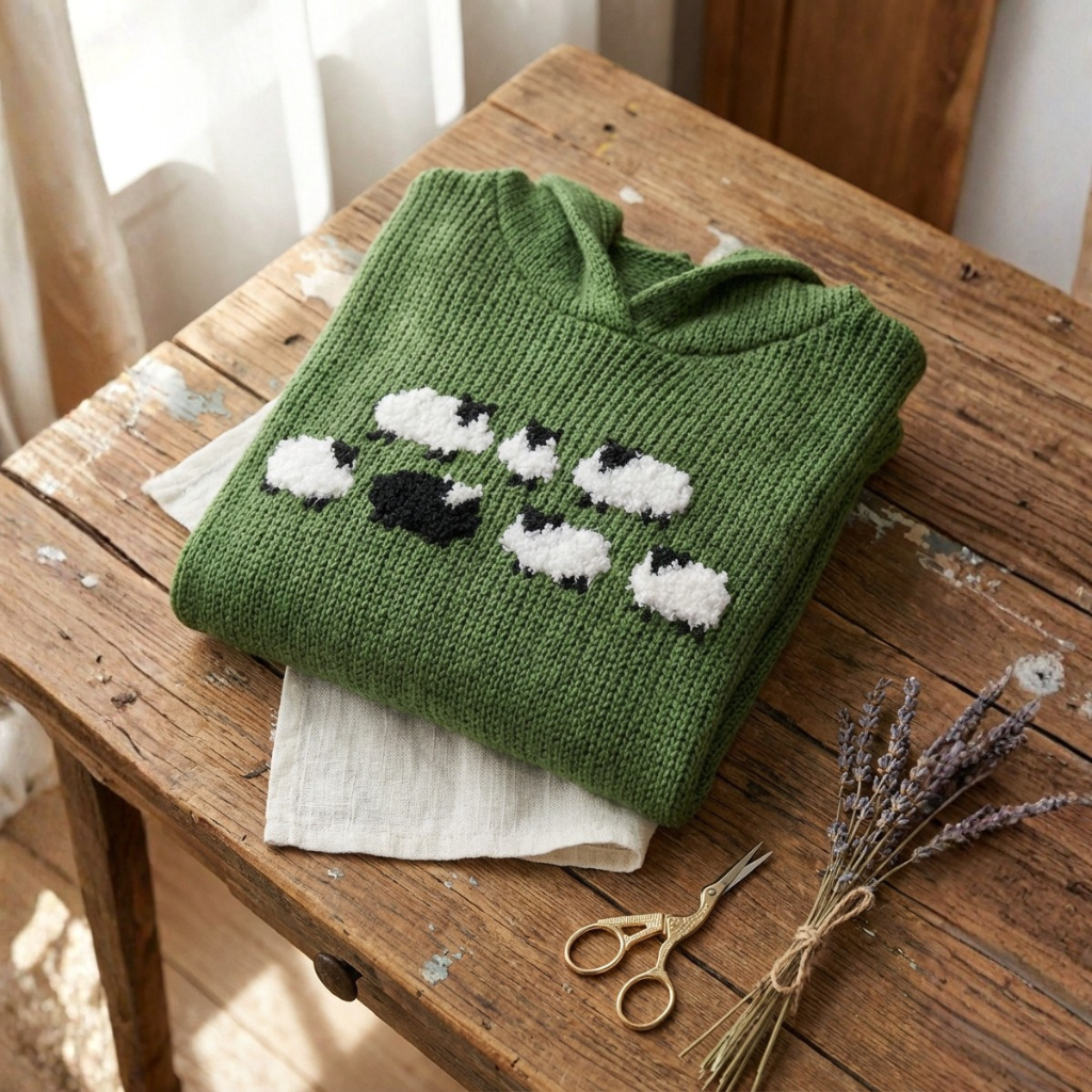 Cotton Sweater Green With Sheep Pattern Hoodie