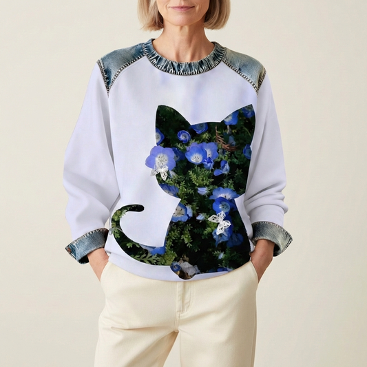Cotton Sweater Lavender With Cat & Blueflower Design