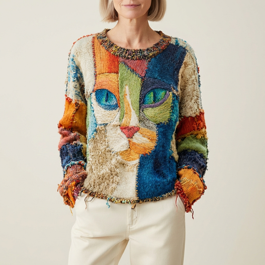 Cotton Sweater Multicolor With Abstract Cat Design