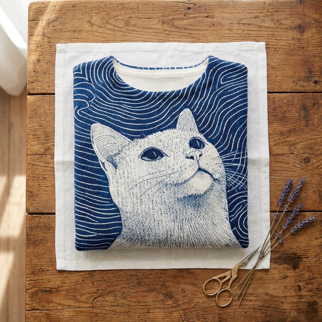 Cotton Sweater Navy With White Cat & Wave Pattern Design