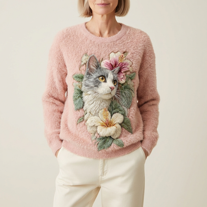 Cotton Sweater Pink With Gray Cat & Flower Design