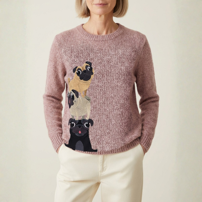 Cotton Sweater Rose With Pug Stack Design