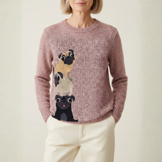 Cotton Sweater Rose With Pug Stack Design