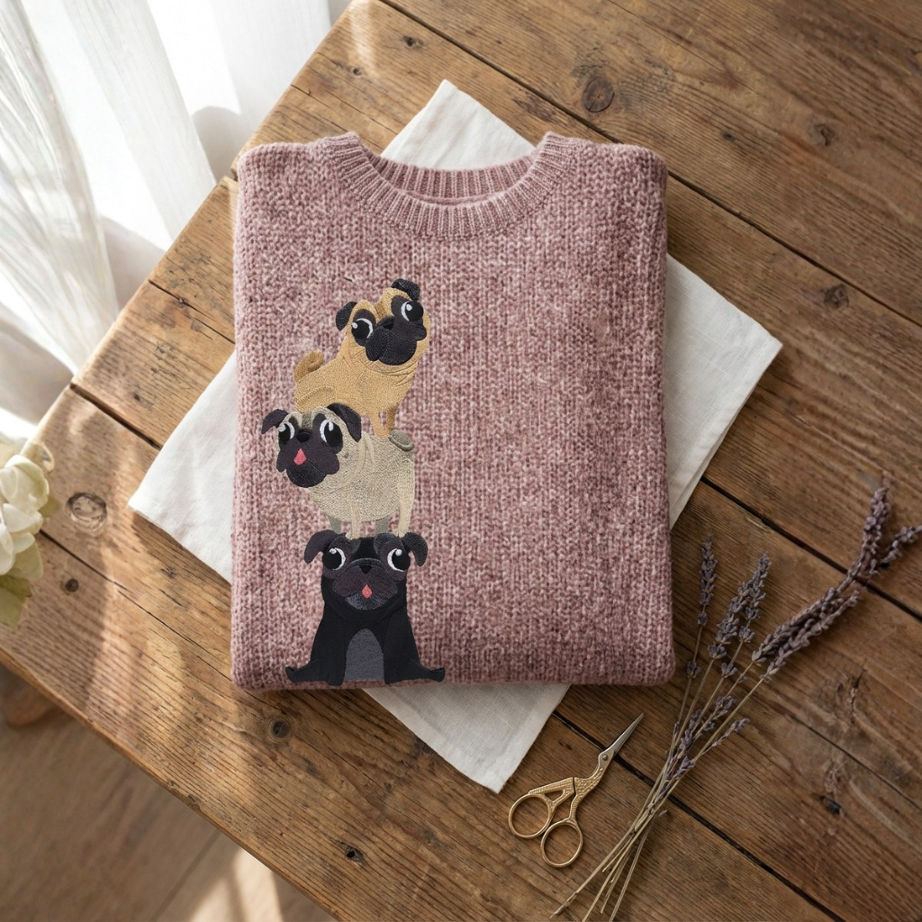 Cotton Sweater Rose With Pug Stack Design