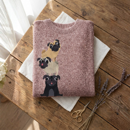 Cotton Sweater Rose With Pug Stack Design
