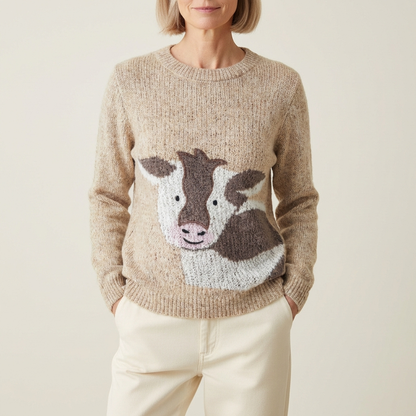 Cotton Sweater Tan With Cow Face Design