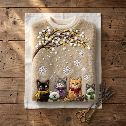 Cotton Sweater Tan With Multiple Cats Winter Tree Design