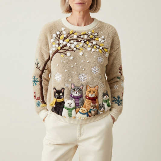 Cotton Sweater Tan With Multiple Cats Winter Tree Design