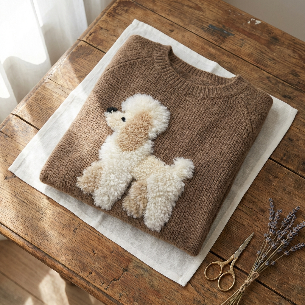 Cotton Sweater Tan With Poodle Design