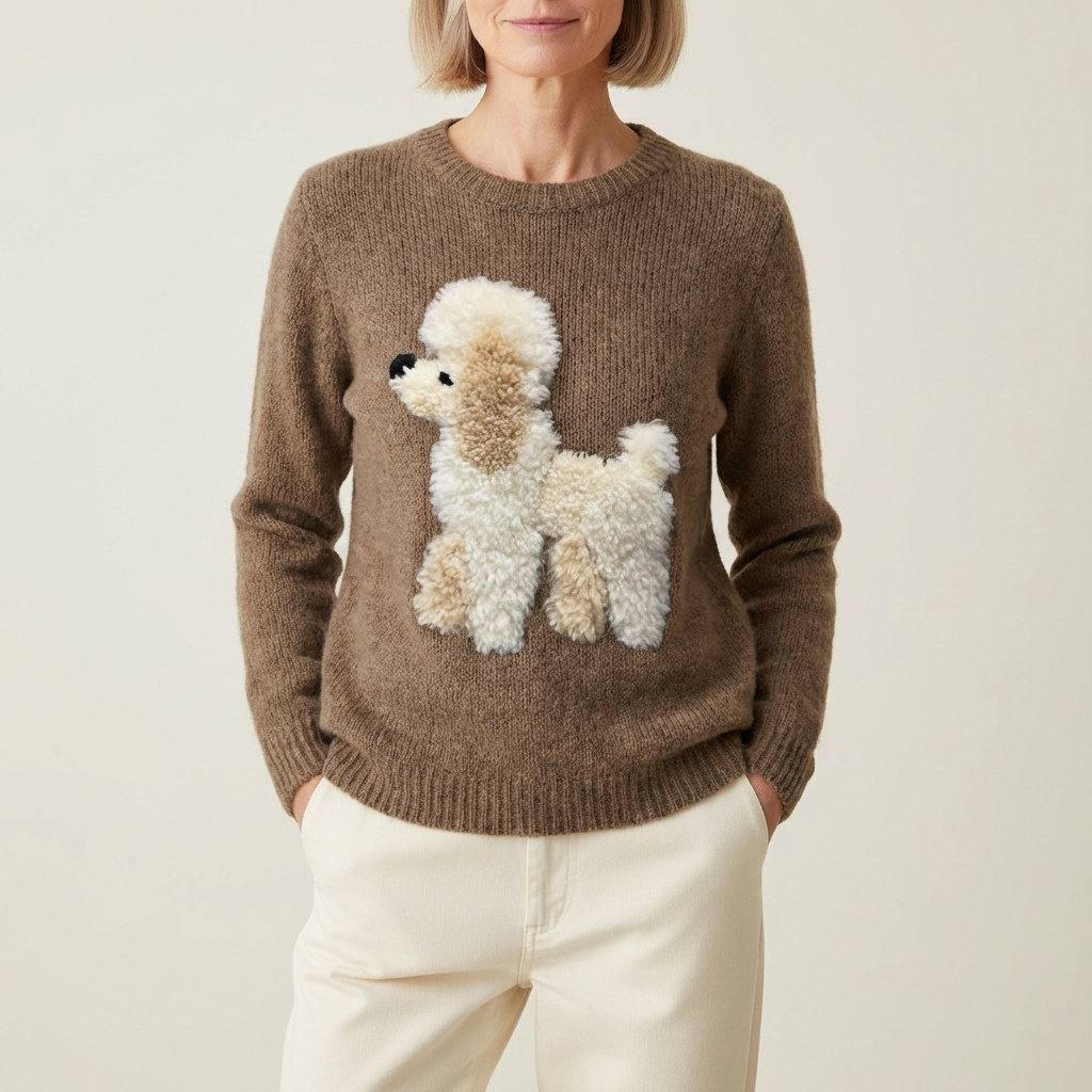 Cotton Sweater Tan With Poodle Design