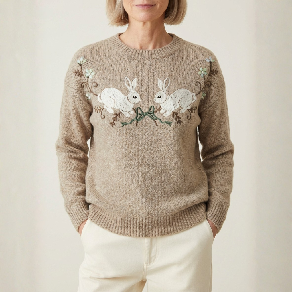 Cotton Sweater Tan With Rabbit Bow Pattern