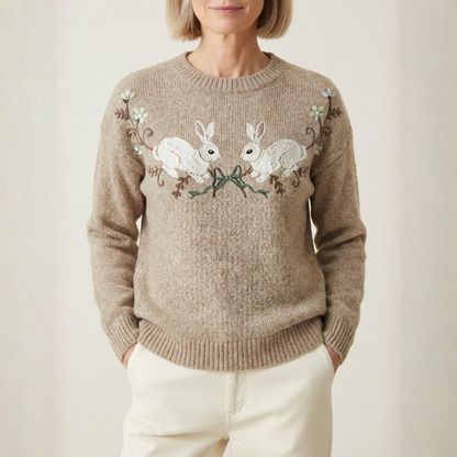 Cotton Sweater Tan With Rabbit Bow Pattern