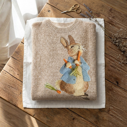 Cotton Sweater Tan With Rabbit & Carrot Design