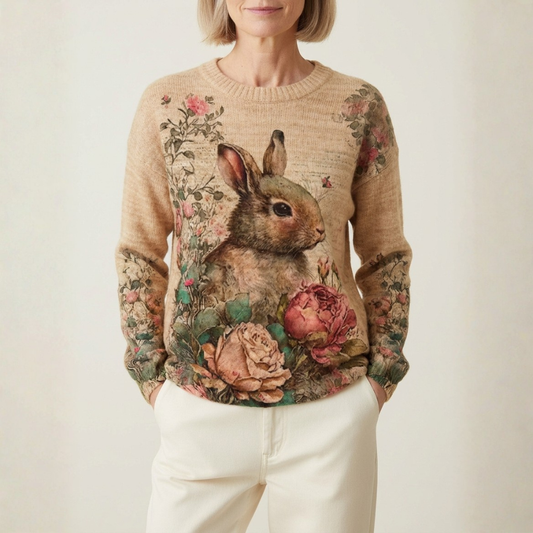 Cotton Sweater Tan With Rabbit & Rose Flower Design