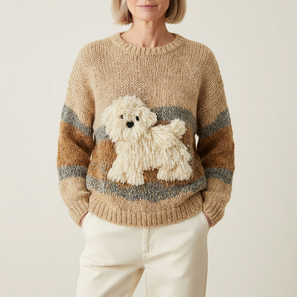 Cotton Sweater Tan With Stripe & Maltese Design