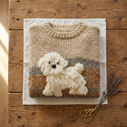 Cotton Sweater Tan With Stripe & Maltese Design