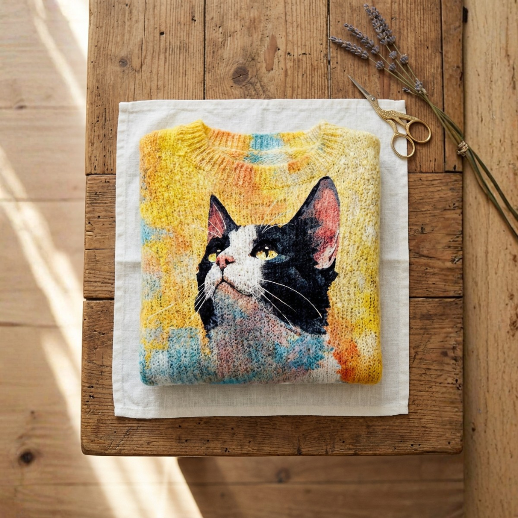 Cotton Sweater Yellow With Colorful Cat Design