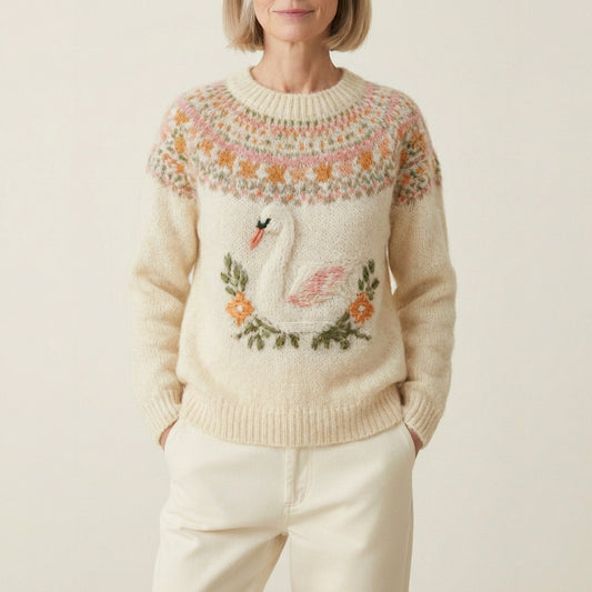 Cotton Sweater With Bird And Floral Embroidery