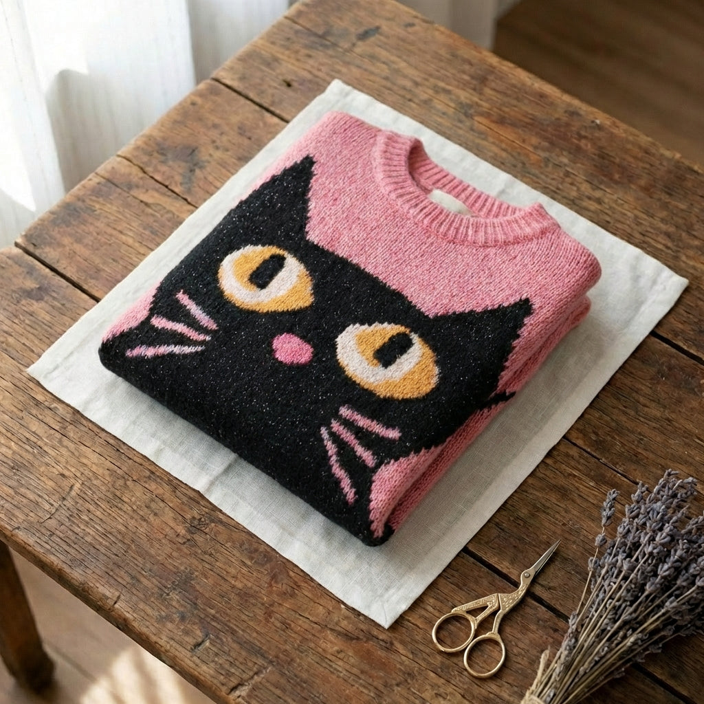 Cotton Sweater With Black Cat Face Design