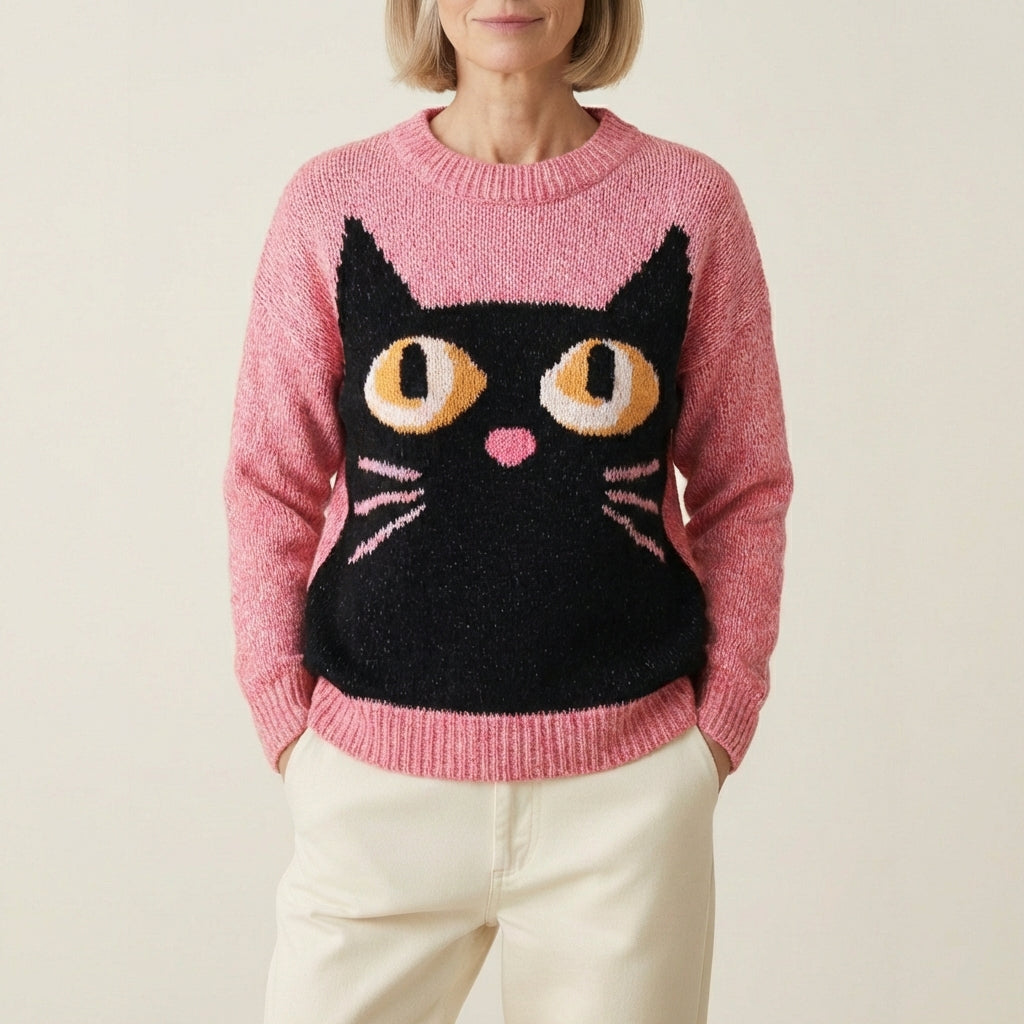 Cotton Sweater With Black Cat Face Design