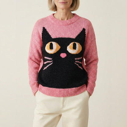 Cotton Sweater With Black Cat Face Design