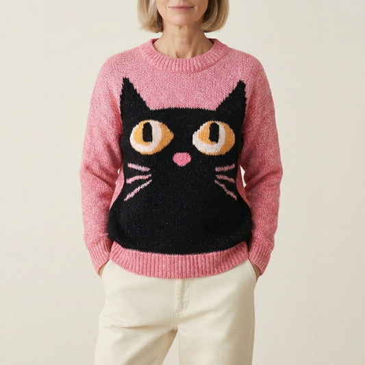 Cotton Sweater With Black Cat Face Design