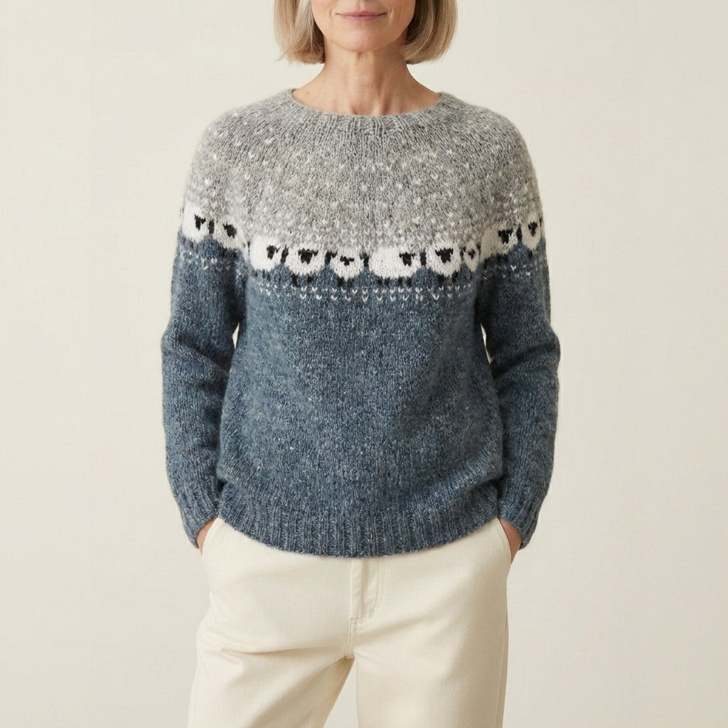 Cotton Sweater With Grazing Sheep Pattern