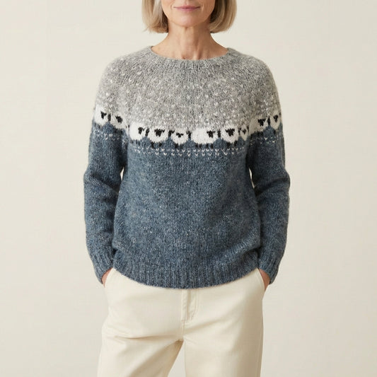 Cotton Sweater With Grazing Sheep Pattern