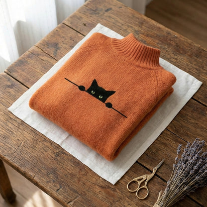 Cotton Sweater With Peeping Black Cat