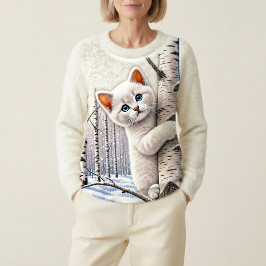 Cotton Sweater With White Cat And Birch Tree