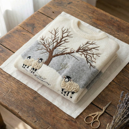 Cotton Sweater With Winter Sheep And Bare Tree Scene