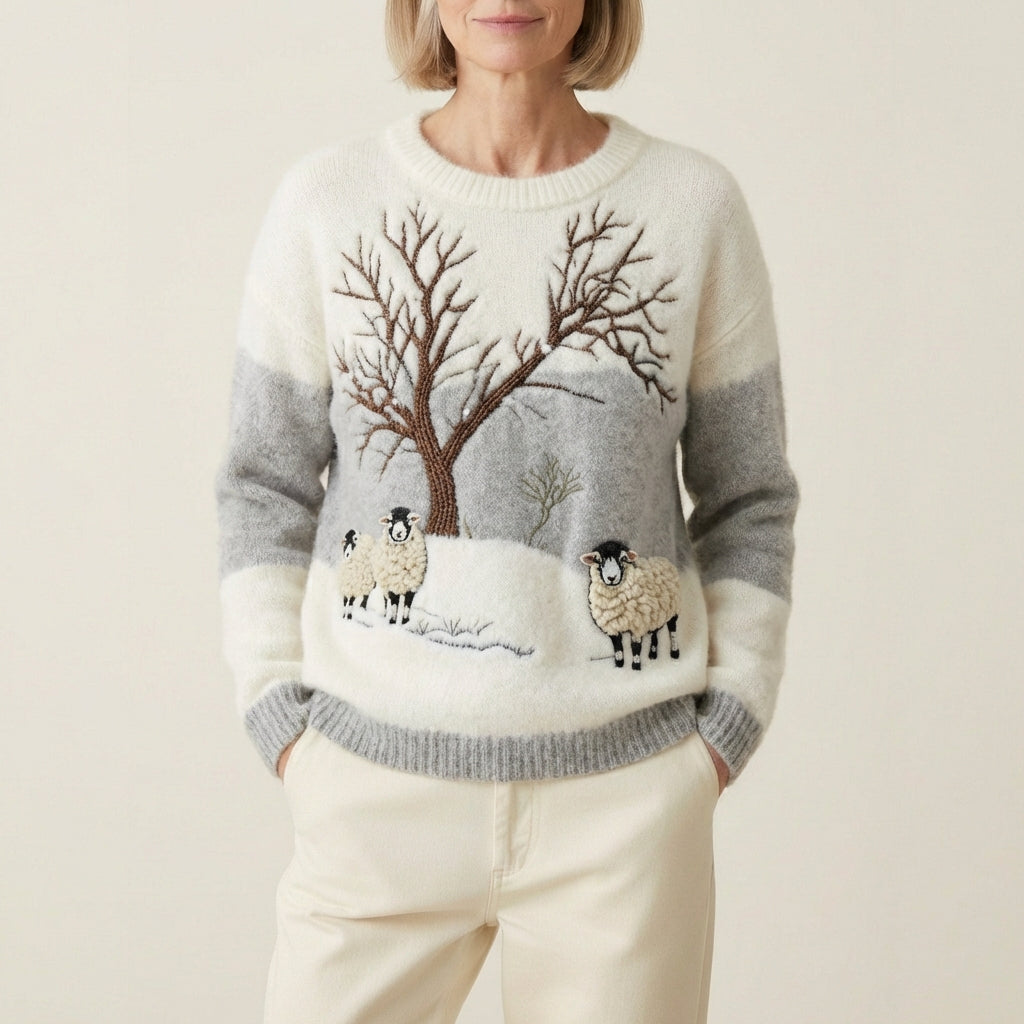 Cotton Sweater With Winter Sheep And Bare Tree Scene