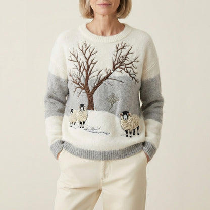 Cotton Sweater With Winter Sheep And Bare Tree Scene