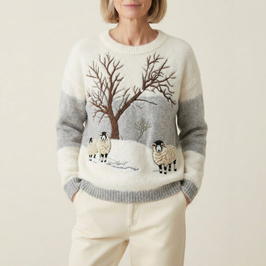 Cotton Sweater With Winter Sheep And Bare Tree Scene