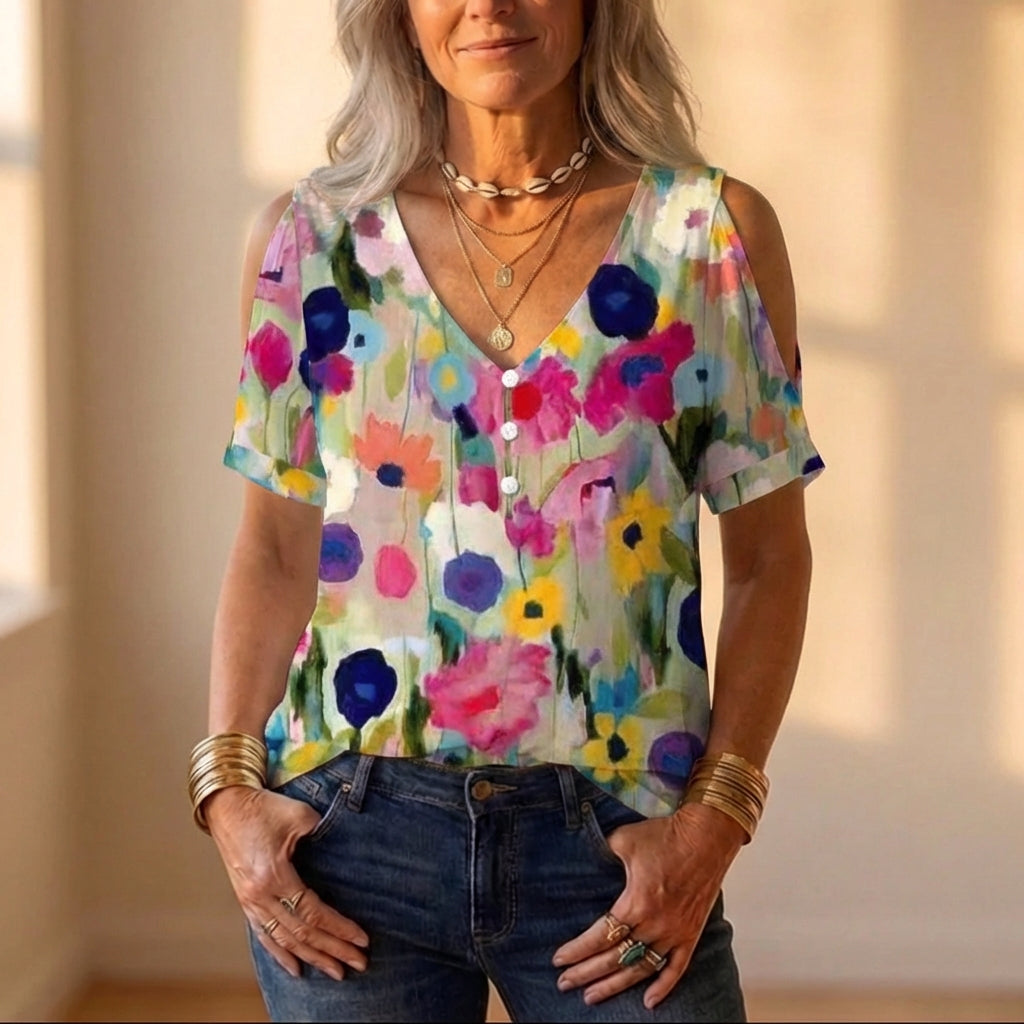 Cotton Top With Rainbow Watercolor Floral Design