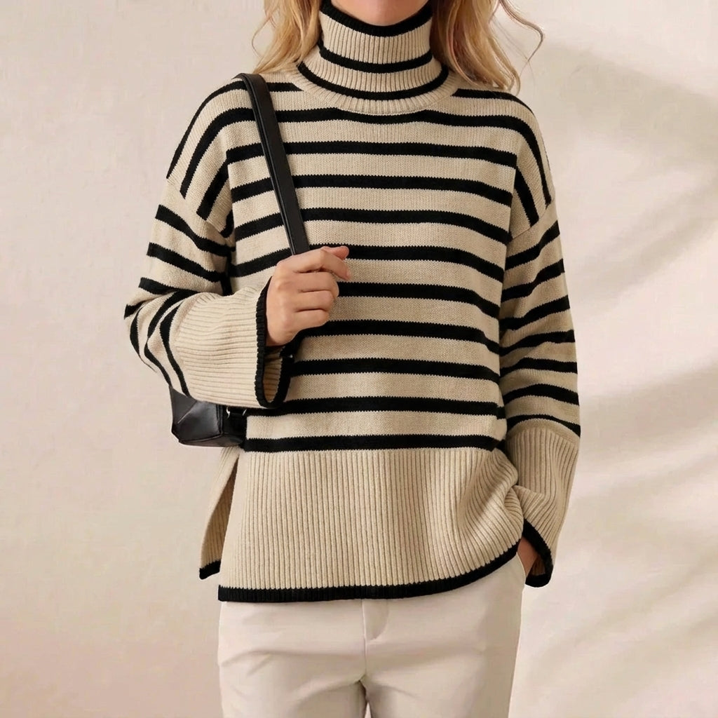 Cream & Black Pinstripe Side Slit Turtleneck Pullover