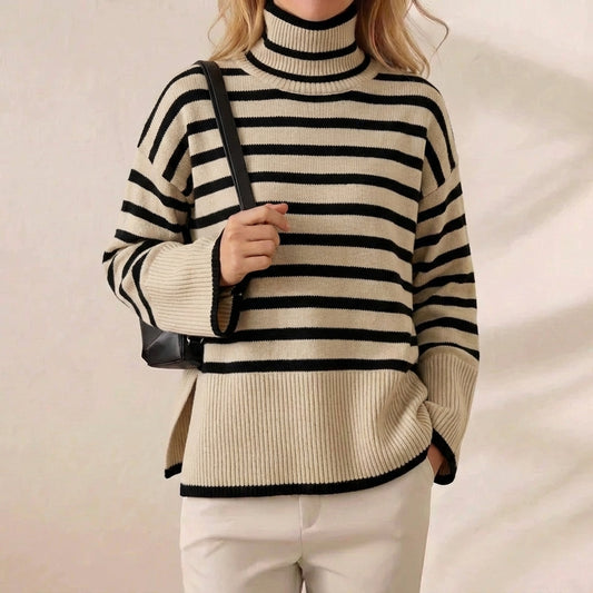Cream & Black Pinstripe Side Slit Turtleneck Pullover