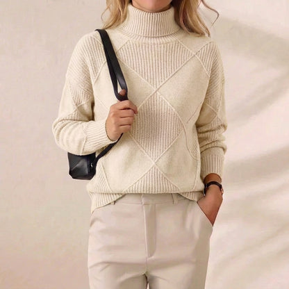 Cream Diamond Texture Ribbed Turtleneck Knit Sweater