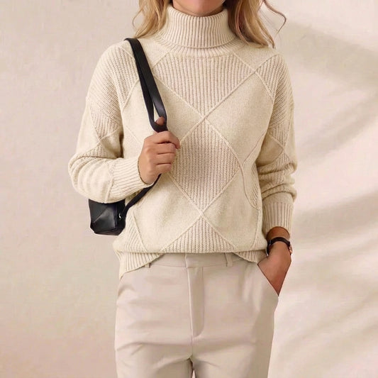Cream Diamond Texture Ribbed Turtleneck Knit Sweater