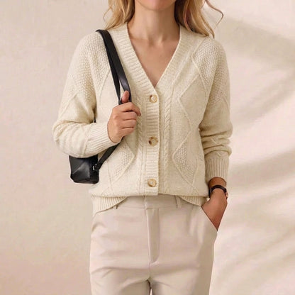 Cream Diamond Cable Knit V Neck Button Cardigan
