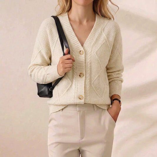 Cream Diamond Cable Knit V Neck Button Cardigan