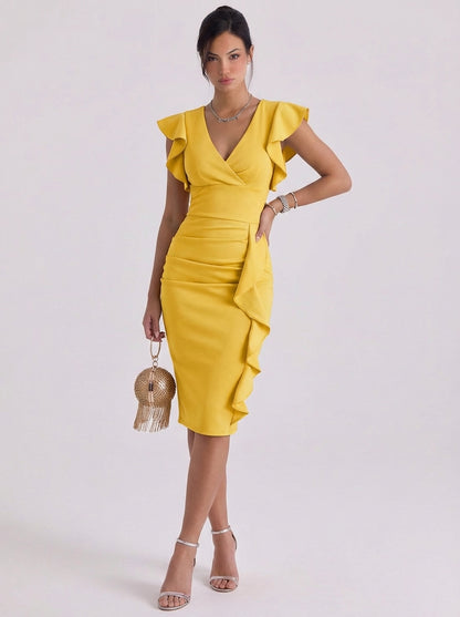 Crepe Ruffle Sleeve Bodycon Midi Dress
