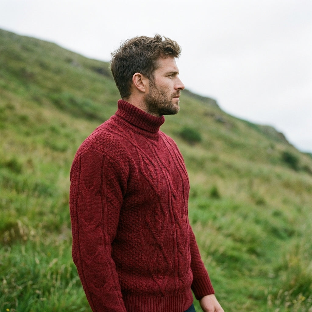 Crimson Red Aran Cable Knit Turtleneck