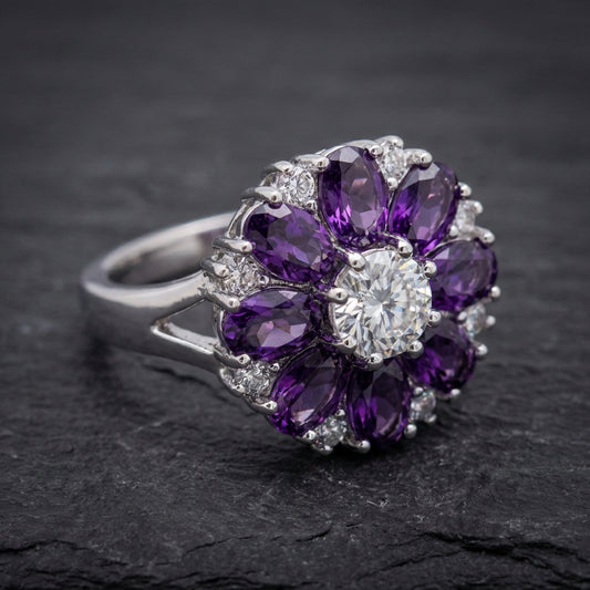 Crystal Purple Stone Sun Flower Engagement Ring