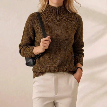 Dark Olive Cable Yoke Mock Neck Chunky Knit Sweater