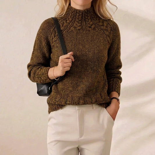 Dark Olive Cable Yoke Mock Neck Chunky Knit Sweater