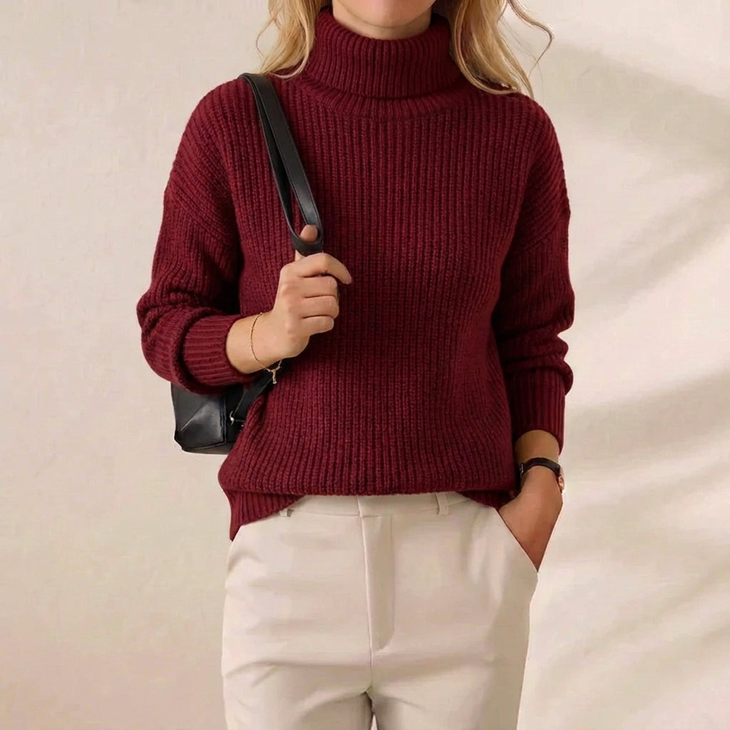 Deep Burgundy Ribbed Turtleneck Knit Sweater