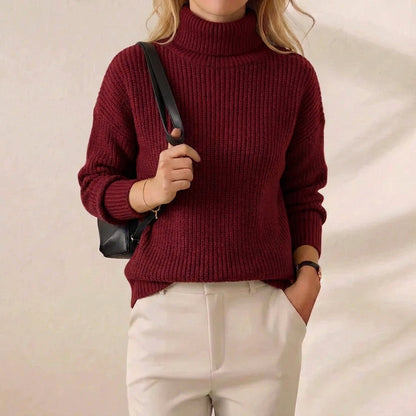 Deep Burgundy Ribbed Turtleneck Knit Sweater