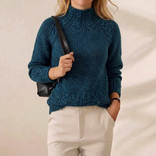 Deep Teal Cable Yoke Mock Neck Chunky Knit Sweater